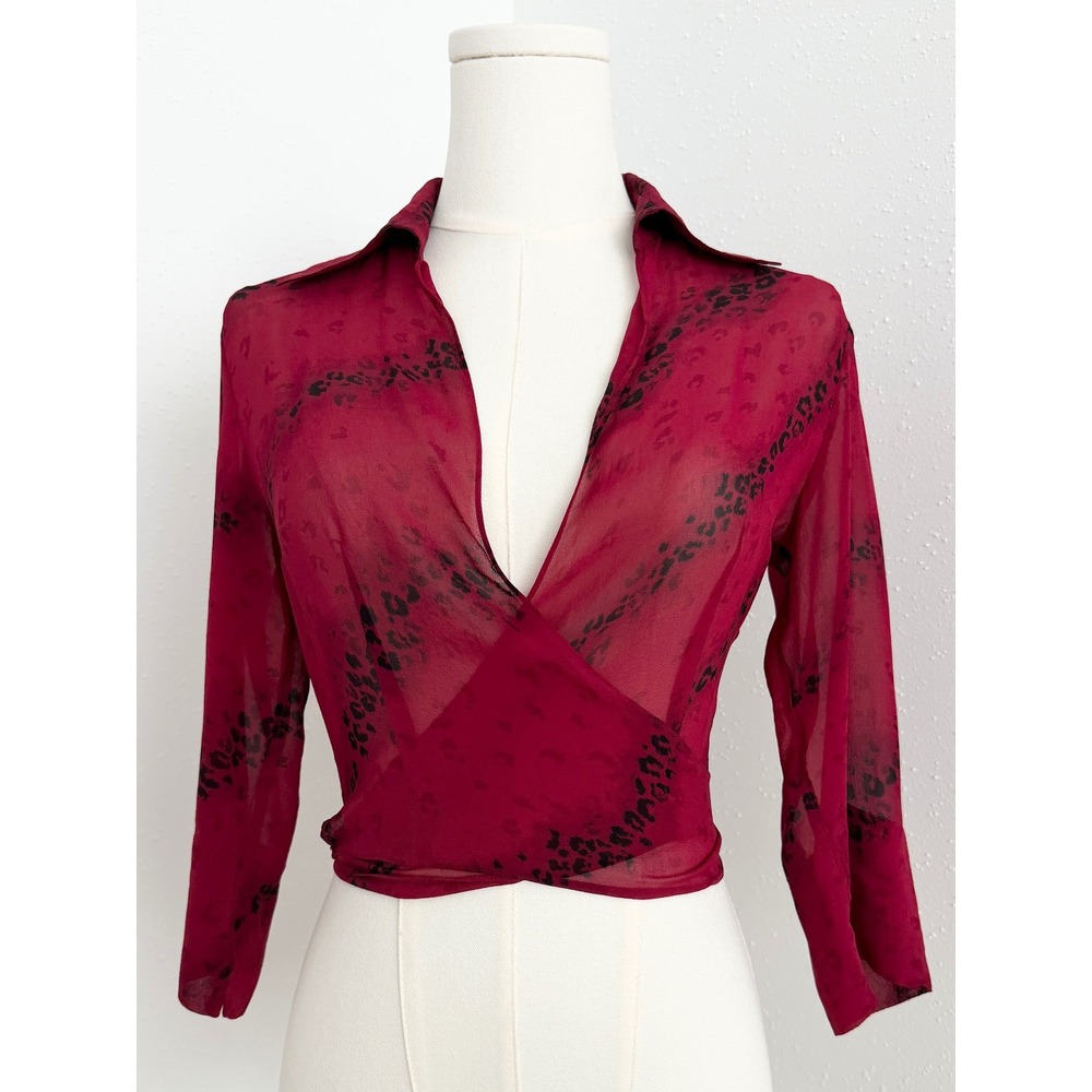 Vintage Y2K Express Red Silk Cropped Sheer Wrap Front Top Leopard Print 1/2